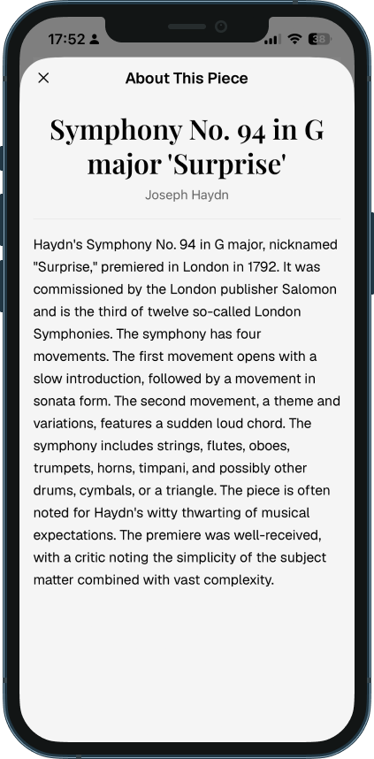 Classical Forecast piece exploration screen