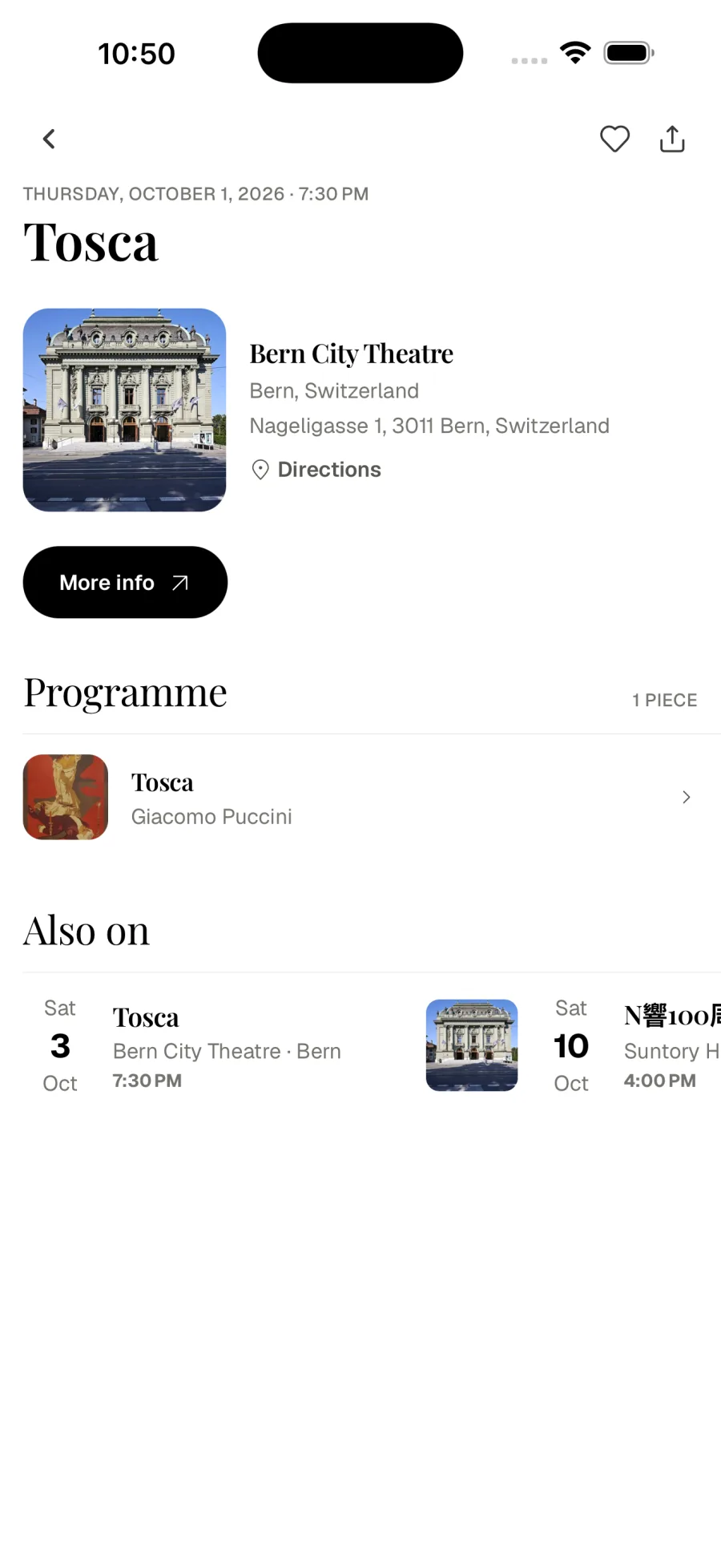 Concert page for Tosca with the venue, directions and programme