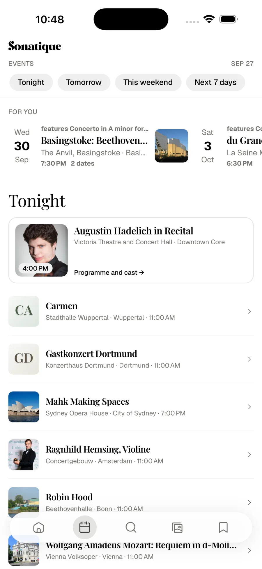 Sonatique Events tab with date filters, a For you row and tonight's classical concerts
