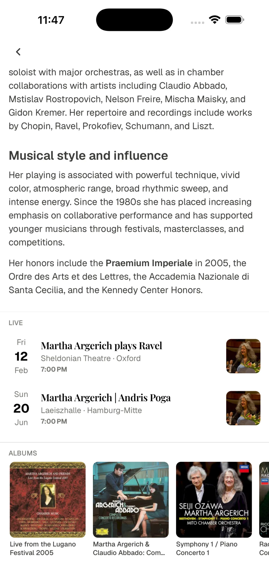 Performer page listing upcoming concerts, with See all for the full calendar