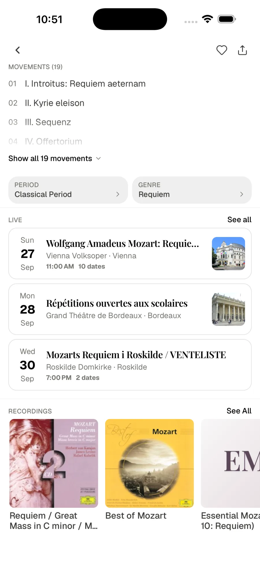 Upcoming performances listed on the page of Mozart's Requiem
