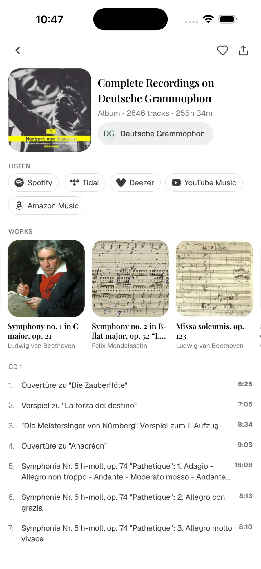 Album page for the Complete Recordings on Deutsche Grammophon, with works and streaming links