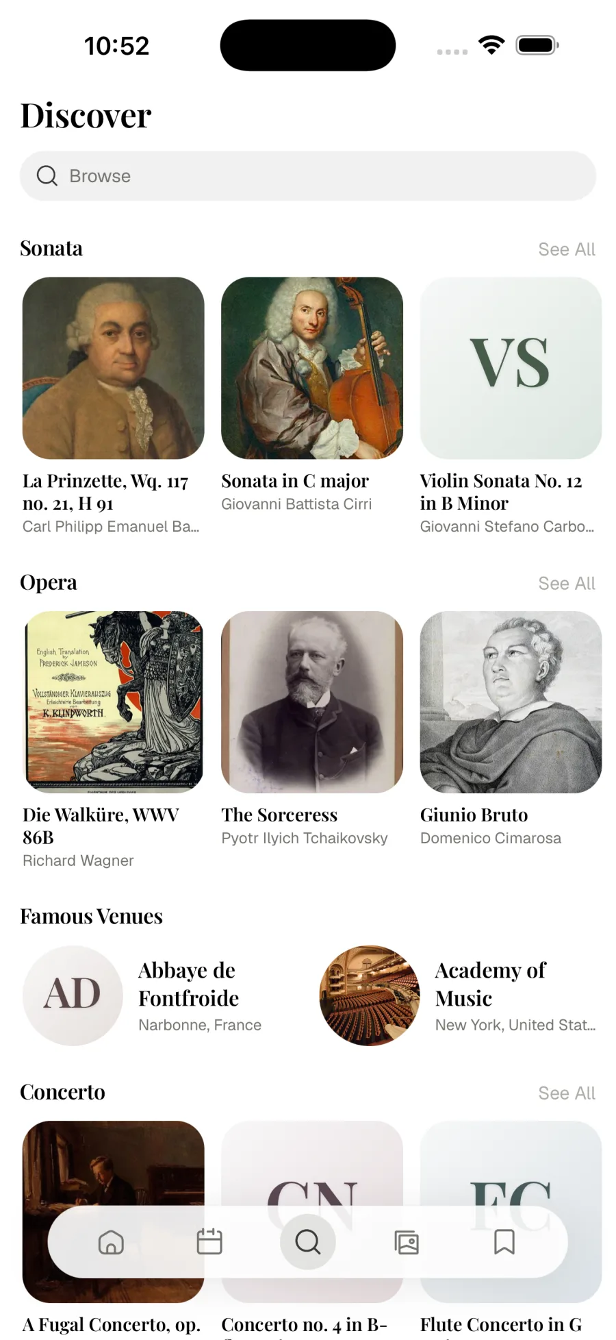 Discover rows for sonatas, opera and famous venues