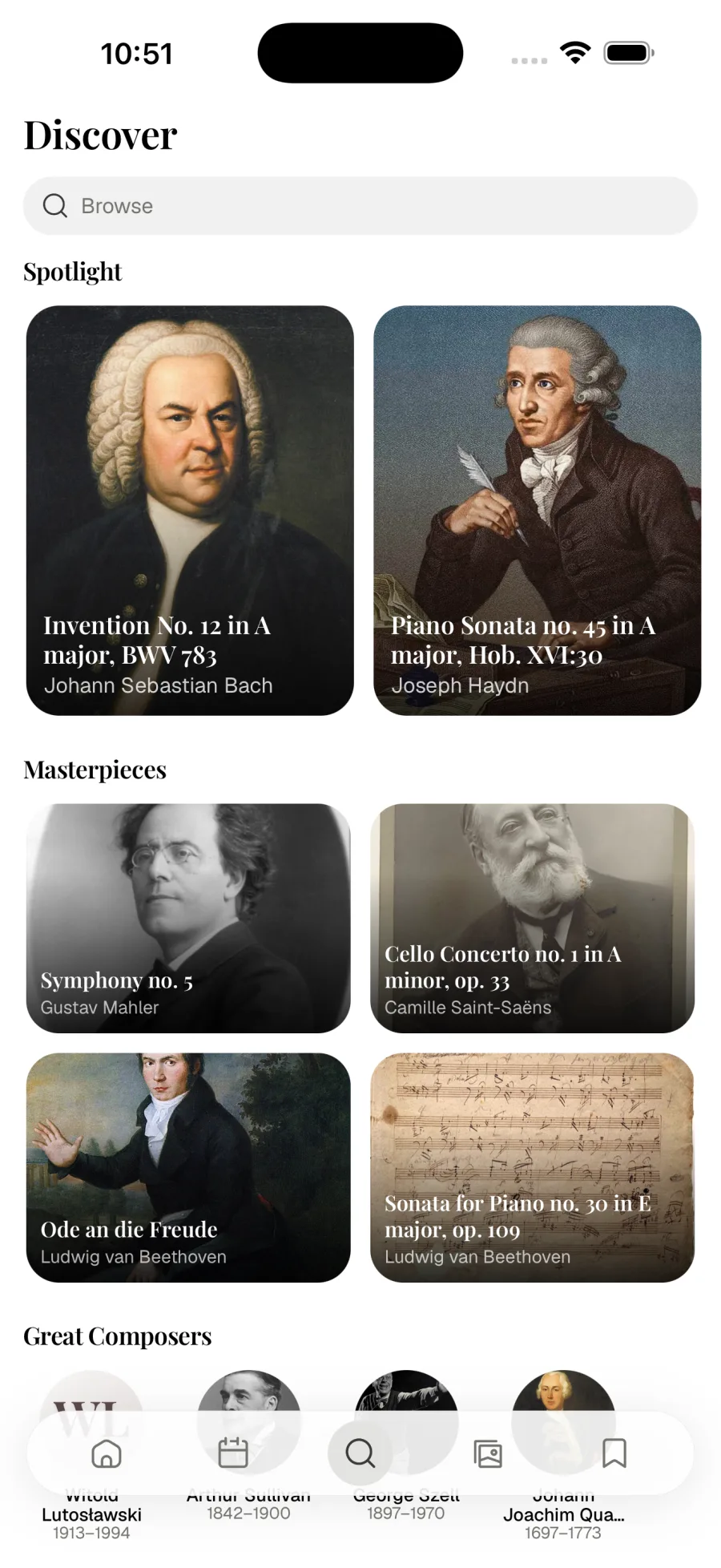 Sonatique Discover tab with Spotlight, Masterpieces and Great Composers