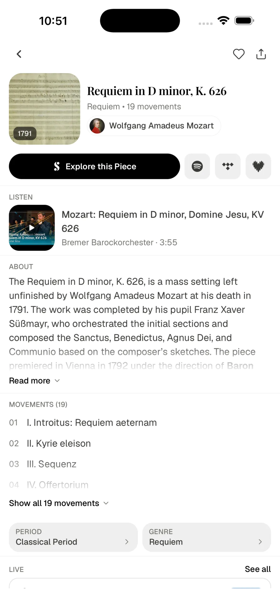 Listen section of Mozart's Requiem with a performance video and streaming links