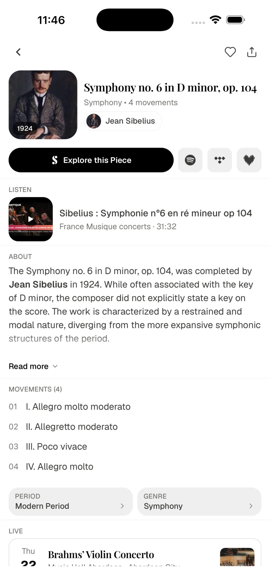 Explore this Piece beside the title of Sibelius's Symphony No. 6