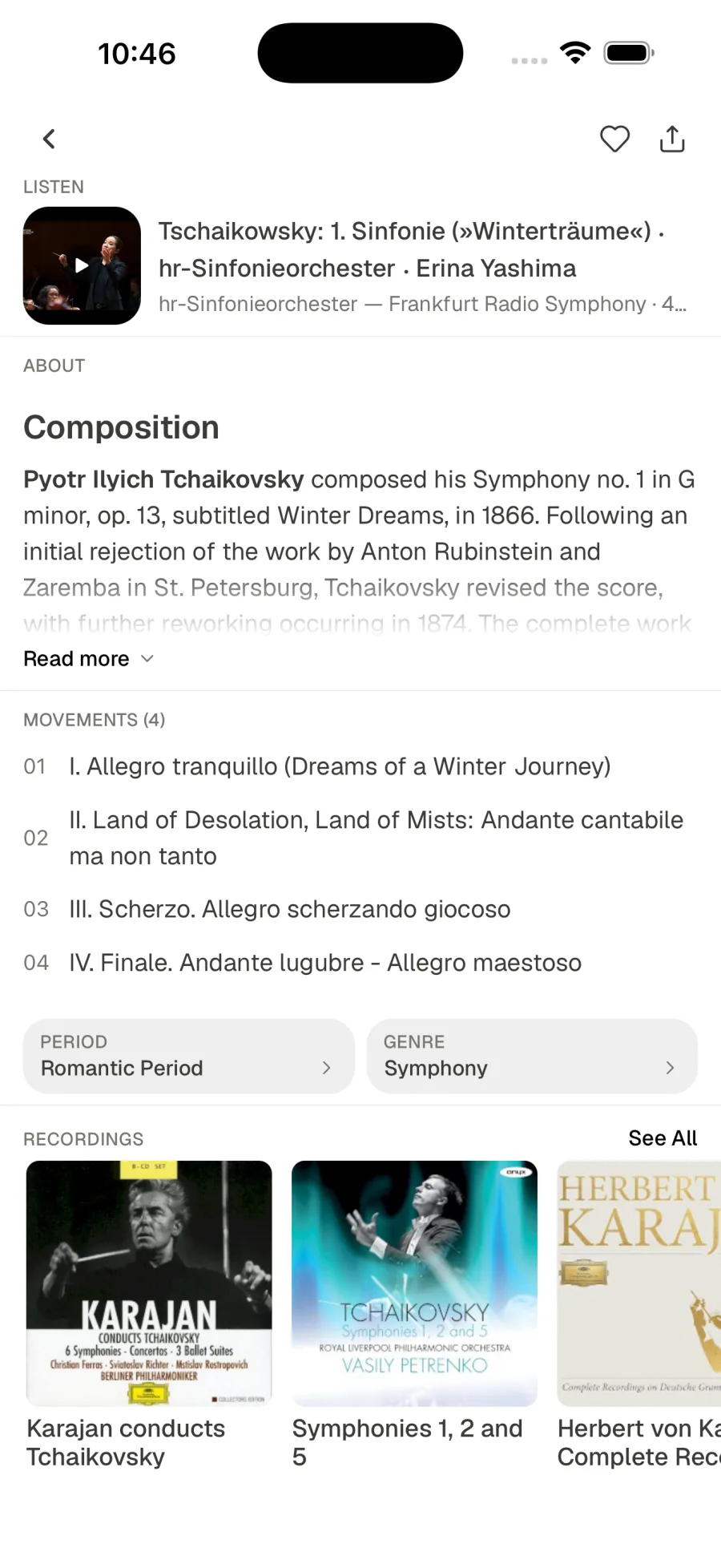 Piece page with composition notes, movements, period and genre