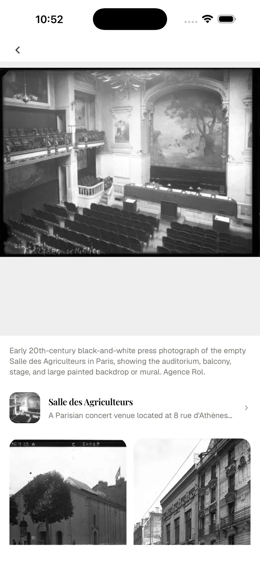 Early twentieth-century photograph of the Salle des Agriculteurs in Paris, linked to the venue