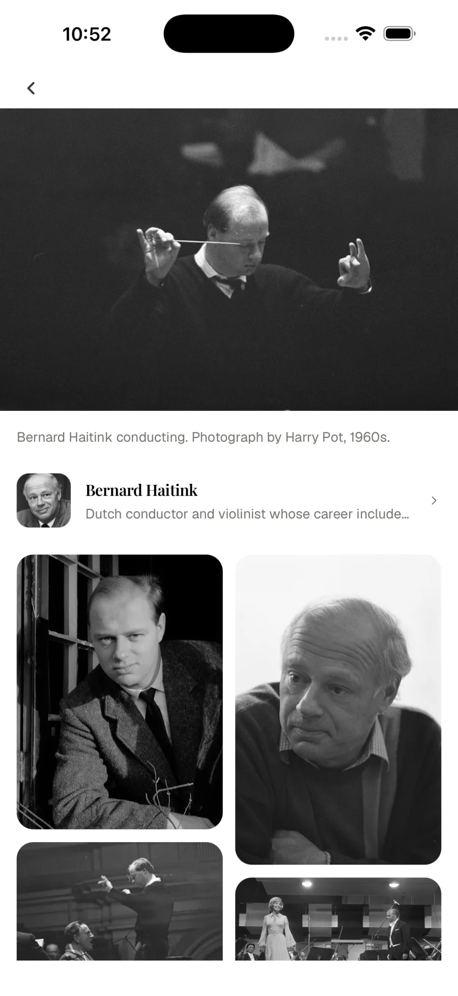 Photograph of Bernard Haitink conducting, linked to his page