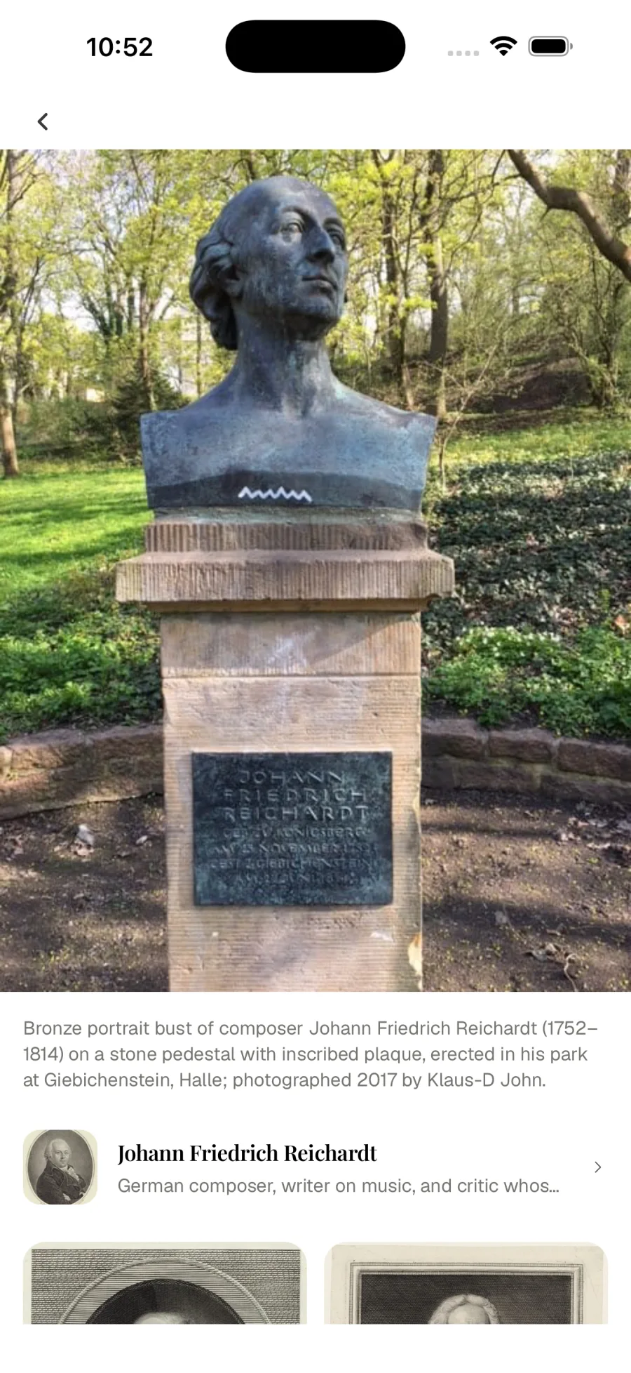 Bust of the composer Johann Friedrich Reichardt with its caption and a link to his page