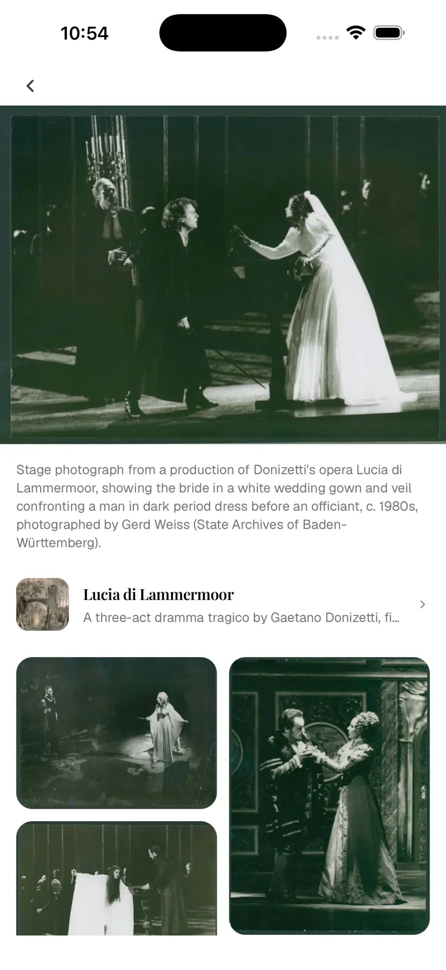 Stage photograph from Lucia di Lammermoor, linked to the opera