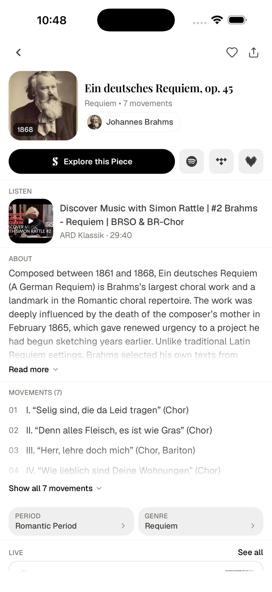Piece page for Brahms's Ein deutsches Requiem, with the save button beside Explore this Piece